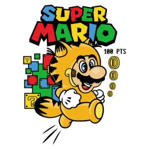 Imagem colorida do Super Mario em traje de gato, correndo e sorrindo, com blocos e moedas dos jogos ao fundo. Texto "Super Mario" e "100 PTS" destacados. Ideal para entusiastas de jogos e colecionadores de produtos da franquia.