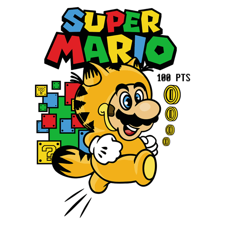 Imagem colorida do Super Mario em traje de gato, correndo e sorrindo, com blocos e moedas dos jogos ao fundo. Texto "Super Mario" e "100 PTS" destacados. Ideal para entusiastas de jogos e colecionadores de produtos da franquia.