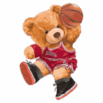 Urso de pelúcia jogando basquete, vestido com uniforme vermelho e tênis preto, segurando uma bola de basquete, enfatizando um estilo esportivo e divertido.