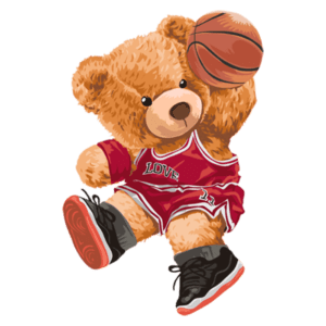 Urso de pelúcia jogando basquete, vestido com uniforme vermelho e tênis preto, segurando uma bola de basquete, enfatizando um estilo esportivo e divertido.