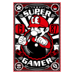 Imagem estilizada de um personagem icônico de videogame, representando um gamer, com cores em preto, vermelho e branco. O design inclui elementos como estrelas, um controle de videogame e a data "1987", enfatizando a cultura dos jogos.