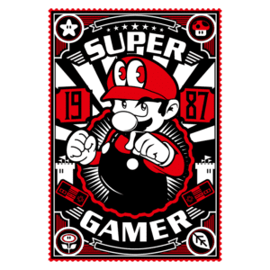 Imagem estilizada de um personagem icônico de videogame, representando um gamer, com cores em preto, vermelho e branco. O design inclui elementos como estrelas, um controle de videogame e a data "1987", enfatizando a cultura dos jogos.