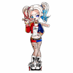 Ilustração de personagem feminina com cabelo loiro preso em coques, usando uma roupa colorida inspirada em quadrinhos, segurando um bastão de beisebol. A personagem exibe tatuagens e um estilo ousado, representando uma figura icônica da cultura pop.