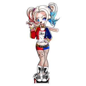 Ilustração de personagem feminina com cabelo loiro preso em coques, usando uma roupa colorida inspirada em quadrinhos, segurando um bastão de beisebol. A personagem exibe tatuagens e um estilo ousado, representando uma figura icônica da cultura pop.