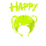 Ilustração divertida de um urso sorridente em tons de verde, com as palavras "HAPPY", "Smile everyday" e "Laugh often", simbolizando felicidade e positividade. Elementos gráficos como coroa e símbolos de dinheiro acrescentam um toque moderno e urbano. Ideal para design de camisetas ou produtos relacionados à alegria.