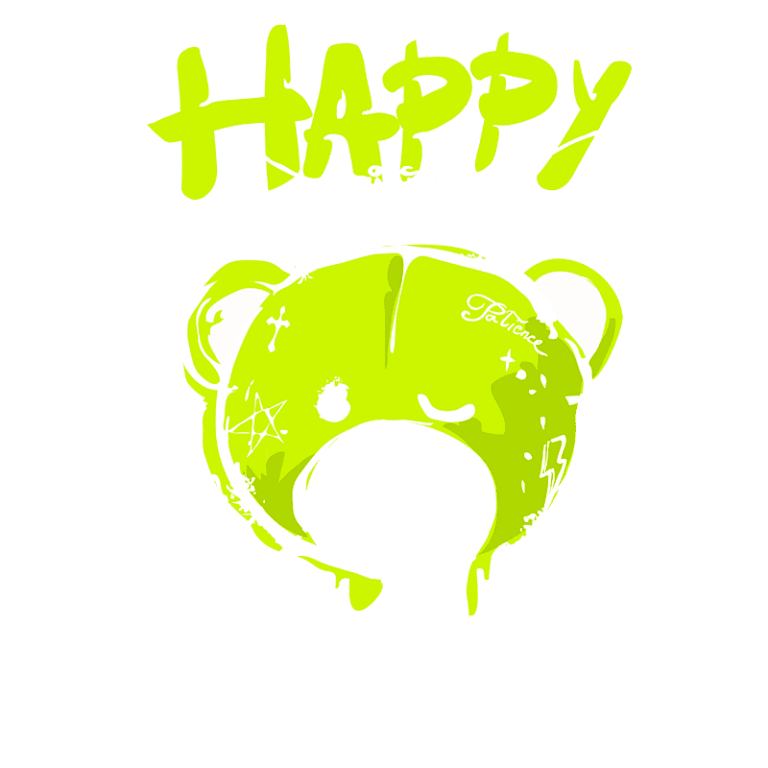 Ilustração divertida de um urso sorridente em tons de verde, com as palavras "HAPPY", "Smile everyday" e "Laugh often", simbolizando felicidade e positividade. Elementos gráficos como coroa e símbolos de dinheiro acrescentam um toque moderno e urbano. Ideal para design de camisetas ou produtos relacionados à alegria.