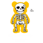 Ilustração de um urso de pelúcia amarelo com um esqueleto humano, acompanhado da frase "Be happy" e o texto "Escape the Reality". A imagem transmite uma mensagem sobre felicidade e a busca por alegria na vida.