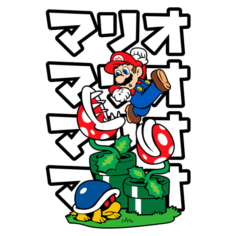 Imagem ilustrativa do Mario, personagem icônico de videogames, pulando sobre uma planta carnívora, com elementos gráficos de canos e um inimigo conhecido como Koopa. O fundo apresenta texto em japonês.