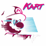 Imagem estilizada do personagem Mario, com um design retro, destacando seu rosto e o texto "KART". Ideal para representar jogos de corrida da franquia Mario Kart.