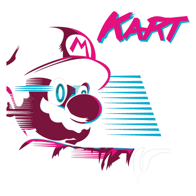 Imagem estilizada do personagem Mario, com um design retro, destacando seu rosto e o texto "KART". Ideal para representar jogos de corrida da franquia Mario Kart.