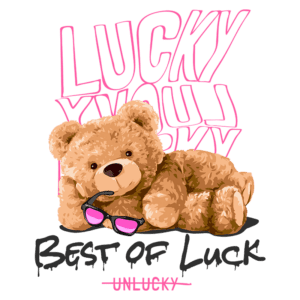 Urso de pelúcia estiloso usando óculos escuros, deitado com palavras 'Best of Luck' e 'Unlucky' em fundos coloridos. Design divertido e ousado, ideal para camisetas e produtos infantis.