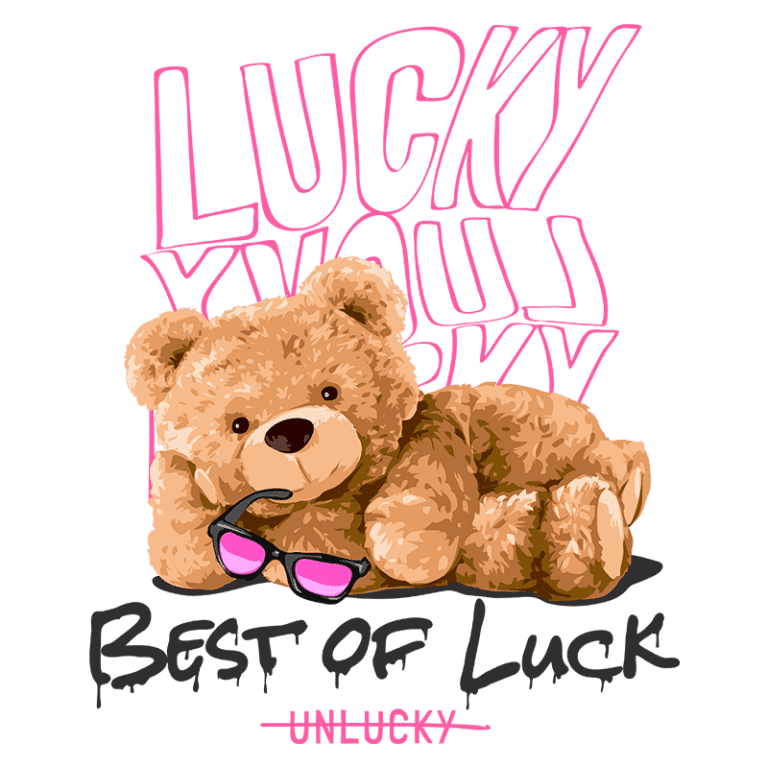 Urso de pelúcia estiloso usando óculos escuros, deitado com palavras 'Best of Luck' e 'Unlucky' em fundos coloridos. Design divertido e ousado, ideal para camisetas e produtos infantis.