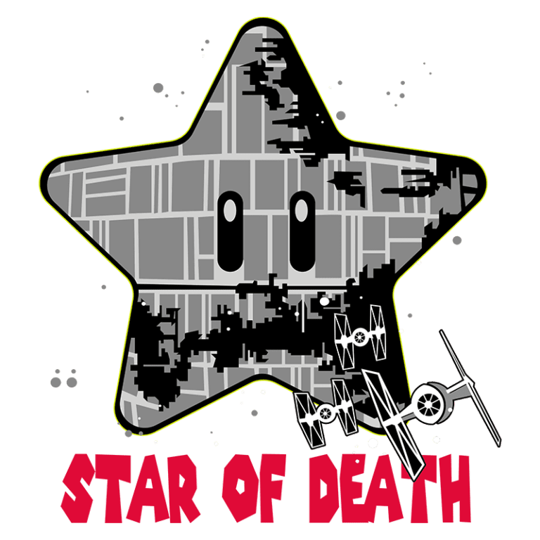 Imagem de uma estrela estilizada, inspirada em jogos, com um design que lembra a Estrela da Morte de Star Wars, acompanhada por naves TIE. Texto "STAR OF DEATH" em vermelho na parte inferior.