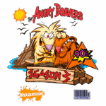 Capa da terceira temporada de "The Angry Beavers", desenho animado da Nickelodeon dos anos 90, apresentando os personagens principais em um tronco de árvore, com um fundo colorido e elementos gráficos vibrantes.