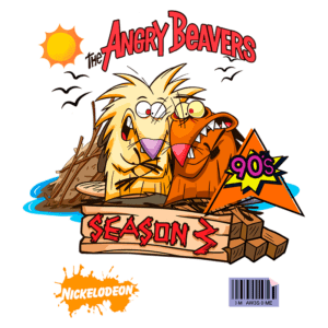 Capa da terceira temporada de "The Angry Beavers", desenho animado da Nickelodeon dos anos 90, apresentando os personagens principais em um tronco de árvore, com um fundo colorido e elementos gráficos vibrantes.