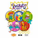 Imagem colorida dos personagens da série "Rugrats", incluindo Tommy, Chuckie, Angelica e gêmeos Phil e Lil, cercados por círculos vibrantes e elementos gráficos dinâmicos, destacando o estilo característico do desenho animado da Nickelodeon.