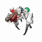 Ilustração de dois personagens icônicos: uma mulher com cabelo loiro e rosa segurando um bastão de beisebol e um homem de cabelo verde, ambos exibindo expressões divertidas e ousadas. Ideal para fãs de quadrinhos e cultura pop.