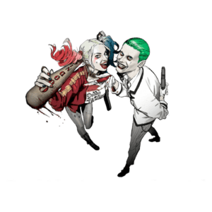 Ilustração de dois personagens icônicos: uma mulher com cabelo loiro e rosa segurando um bastão de beisebol e um homem de cabelo verde, ambos exibindo expressões divertidas e ousadas. Ideal para fãs de quadrinhos e cultura pop.