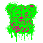 Desenho de um urso estilizado em verde neon com detalhes divertidos, sorrindo e fazendo careta, cercado por respingos de tinta. A palavra "Boo" em letras grandes e rosas destaca-se na parte inferior da imagem. Ideal para temas de Halloween ou estética pop.