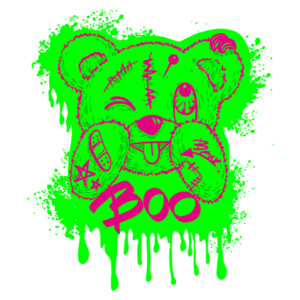 Desenho de um urso estilizado em verde neon com detalhes divertidos, sorrindo e fazendo careta, cercado por respingos de tinta. A palavra "Boo" em letras grandes e rosas destaca-se na parte inferior da imagem. Ideal para temas de Halloween ou estética pop.