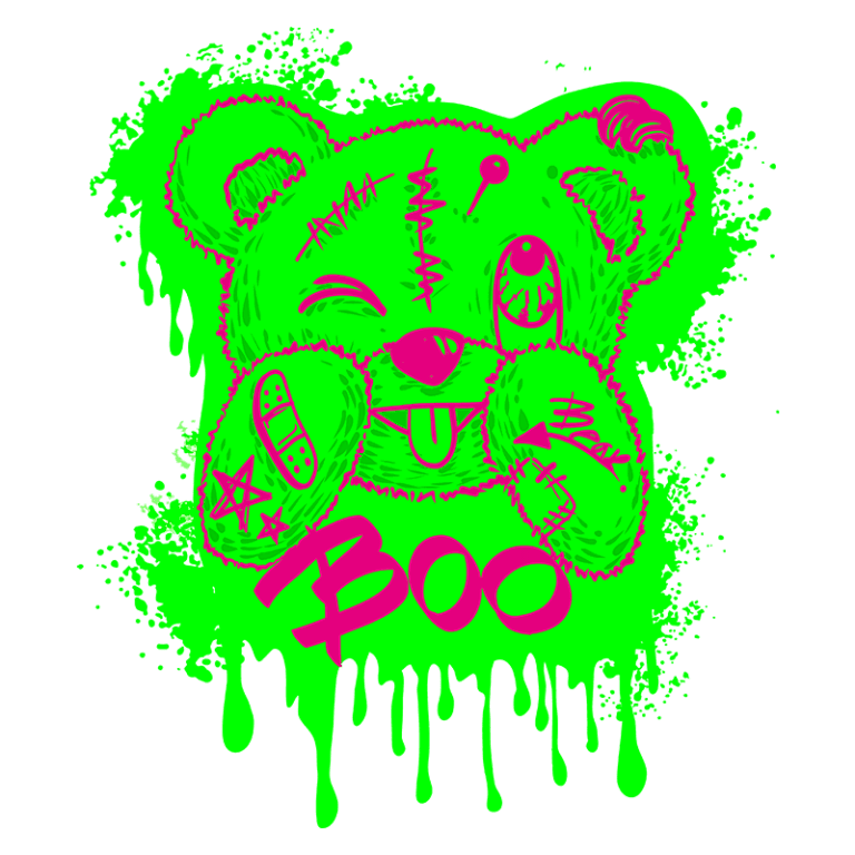 Desenho de um urso estilizado em verde neon com detalhes divertidos, sorrindo e fazendo careta, cercado por respingos de tinta. A palavra "Boo" em letras grandes e rosas destaca-se na parte inferior da imagem. Ideal para temas de Halloween ou estética pop.