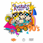Ilustração dos personagens do desenho animado Rugrats, da Nickelodeon, com um estilo vibrante dos anos 90. Os personagens estão em um carrinho laranja, cercados por formas geométricas coloridas e elementos gráficos icônicos da época.