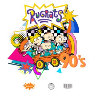 Ilustração dos personagens do desenho animado Rugrats, da Nickelodeon, com um estilo vibrante dos anos 90. Os personagens estão em um carrinho laranja, cercados por formas geométricas coloridas e elementos gráficos icônicos da época.