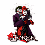 Ilustração do Coringa e Arlequina em estilo de quadrinhos, com o Coringa em um terno roxo e a Arlequina vestindo seu traje clássico vermelho e preto. A arte destaca a dinâmica entre os personagens, com elementos gráficos vibrantes ao fundo.