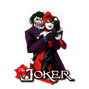 Ilustração do Coringa e Arlequina em estilo de quadrinhos, com o Coringa em um terno roxo e a Arlequina vestindo seu traje clássico vermelho e preto. A arte destaca a dinâmica entre os personagens, com elementos gráficos vibrantes ao fundo.