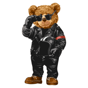 Urso estilizado usando jaqueta de couro preta, óculos escuros e luvas, posando de forma confiante com um capacete de motociclista ao lado. Ideal para temas de aventura e motocicletas.