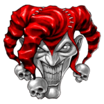 Imagem de um palhaço macabro com chapeu de bobo da corte vermelho e branco, apresentando um sorriso sinistro e três caveiras como adornos. O fundo é transparente, destacando o design sombrio e vibrante.