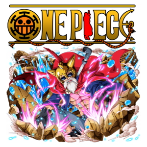 Imagem de um personagem do anime One Piece, vestido como um herói com uma capa vermelha e um capacete de animal, usando um cajado e atacando em meio a um cenário de pedras e água em movimento, representando ação e aventura. O título "One Piece" está visível na parte superior da imagem.