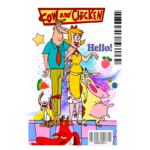 Capa do desenho animado "Cow and Chicken", apresentando os personagens principais: uma vaca e uma galinha, acompanhados por um homem e uma mulher sorridentes em um fundo colorido e vibrante.