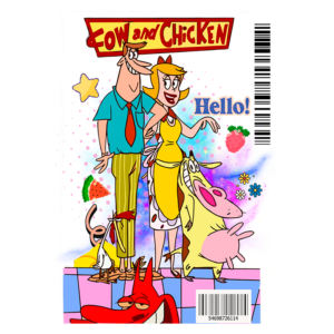 Capa do desenho animado "Cow and Chicken", apresentando os personagens principais: uma vaca e uma galinha, acompanhados por um homem e uma mulher sorridentes em um fundo colorido e vibrante.