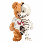 Urso de pelúcia estilizado com metade do corpo em pelagem e metade esquelético, vestindo uma camiseta com a palavra "HELLO". Ideal para temas de Halloween ou arte digital.