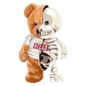 Urso de pelúcia estilizado com metade do corpo em pelagem e metade esquelético, vestindo uma camiseta com a palavra "HELLO". Ideal para temas de Halloween ou arte digital.