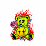 Urso de pelúcia estilizado em verde, segurando uma rosa, envolto em chamas vermelhas e correntes azuis, com a palavra "Joyful" em destaque e "Environment" abaixo.