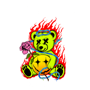 Urso de pelúcia estilizado em verde, segurando uma rosa, envolto em chamas vermelhas e correntes azuis, com a palavra "Joyful" em destaque e "Environment" abaixo.