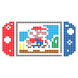 Console de videogame portátil com uma imagem pixelada do personagem Mario, apresentando um fundo colorido com nuvens, grama e blocos de ouro.