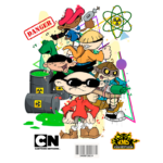 Personagens do desenho "KND: A Turma do Bairro", em uma cena dinâmica com elementos de ação. Os personagens estão em frente a barris de resíduos tóxicos, com expressões determinadas e armamentos divertidos. Fundo colorido e gráficos de perigo destacam a atmosfera de aventura.