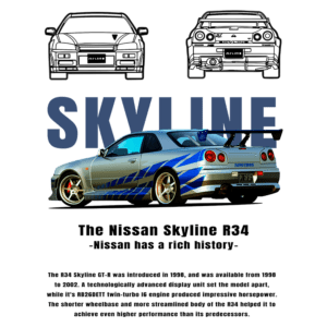 Imagem do Nissan Skyline R34 GT-R, um ícone automotivo produzido pela Nissan entre 1998 e 2002, destacando seu design aerodinâmico e o motor RB26DETT twin-turbo. O fundo apresenta esboços do carro, com a palavra "SKYLINE" em destaque, evidenciando sua rica história e avanços tecnológicos.