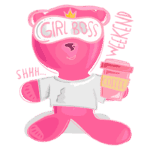 Urso rosa estilizado com máscara de dormir, camiseta branca, segurando um copo de café, com as palavras "GIRL BOSS" e "WEEKEND" em destaque, transmitindo uma vibe descontraída e empoderada.
