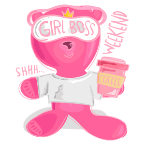 Urso rosa estilizado com máscara de dormir, camiseta branca, segurando um copo de café, com as palavras "GIRL BOSS" e "WEEKEND" em destaque, transmitindo uma vibe descontraída e empoderada.