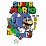 Ilustração colorida do personagem Super Mario vestindo um traje azul, correndo em direção a blocos de perguntas e moedas. O título "SUPER MARIO" está destacado no topo, junto com a nota "100 PTS". A imagem captura a essência dos jogos de plataforma clássicos.