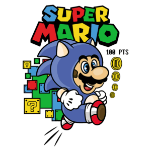 Ilustração colorida do personagem Super Mario vestindo um traje azul, correndo em direção a blocos de perguntas e moedas. O título "SUPER MARIO" está destacado no topo, junto com a nota "100 PTS". A imagem captura a essência dos jogos de plataforma clássicos.