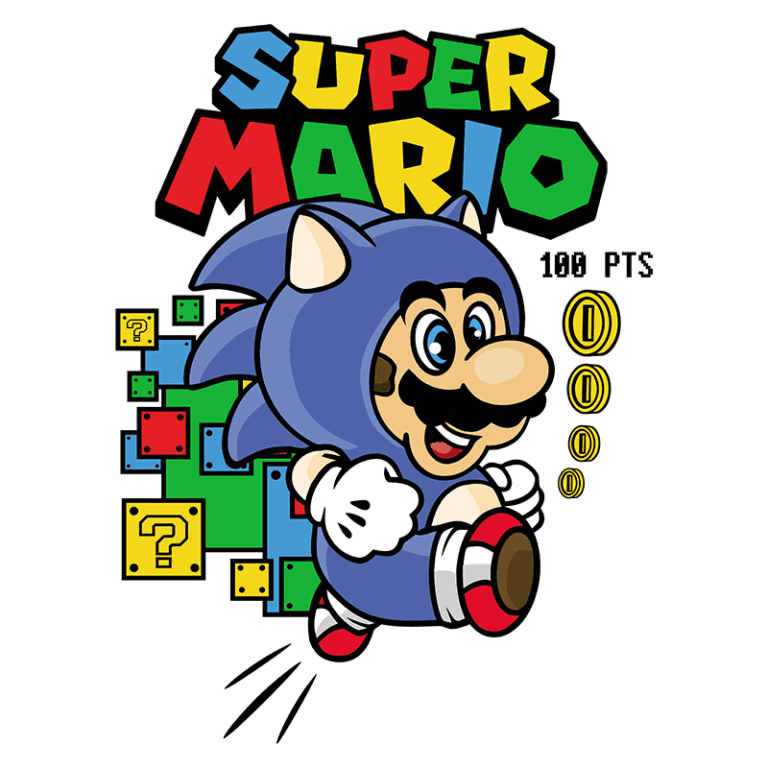 Ilustração colorida do personagem Super Mario vestindo um traje azul, correndo em direção a blocos de perguntas e moedas. O título "SUPER MARIO" está destacado no topo, junto com a nota "100 PTS". A imagem captura a essência dos jogos de plataforma clássicos.