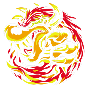 Ilustração de um dragão estilizado com cores vibrantes, incluindo vermelho, amarelo e branco, exibindo uma expressão feroz e uma garra poderosa, simbolizando força e determinação.