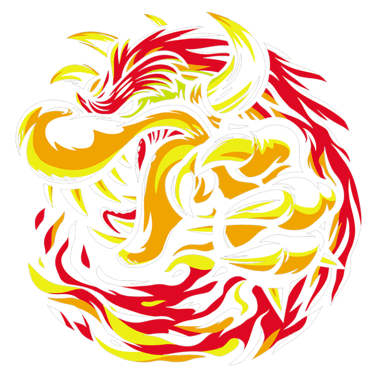 Ilustração de um dragão estilizado com cores vibrantes, incluindo vermelho, amarelo e branco, exibindo uma expressão feroz e uma garra poderosa, simbolizando força e determinação.