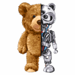 Imagem de um ursinho de pelúcia com um lado mostrando a parte macia e fofinha, enquanto o outro lado revela uma estrutura robótica com circuitos e componentes metálicos. A ilustração combina elementos de um brinquedo tradicional e um design futurista, simbolizando a fusão entre o mundo infantil e a tecnologia.