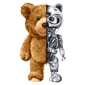 Imagem de um ursinho de pelúcia com um lado mostrando a parte macia e fofinha, enquanto o outro lado revela uma estrutura robótica com circuitos e componentes metálicos. A ilustração combina elementos de um brinquedo tradicional e um design futurista, simbolizando a fusão entre o mundo infantil e a tecnologia.